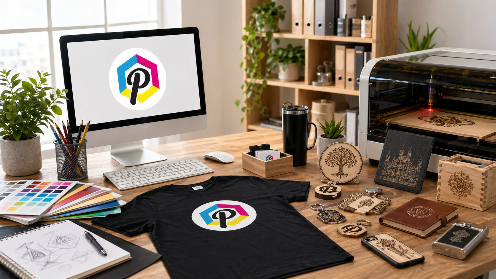 Mockup servizi creativi Publieuropa: abbigliamento personalizzato e incisioni laser su legno e pelle