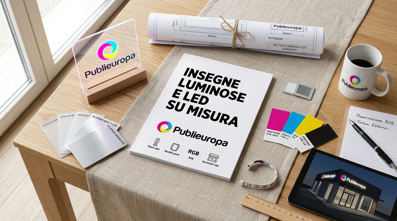 Mockup servizio insegne luminose e LED Publieuropa: materiali, progetto e insegna su misura