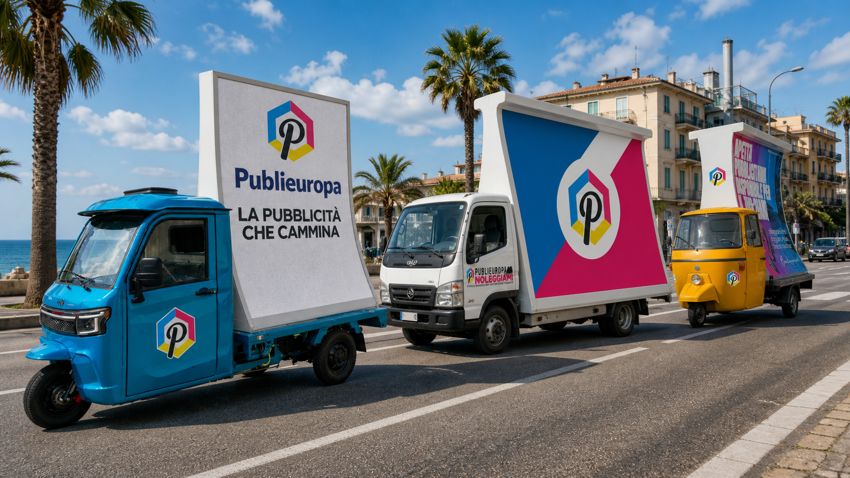 Camion vela e pubblicità mobile su strada — mezzo brandizzato Publieuropa